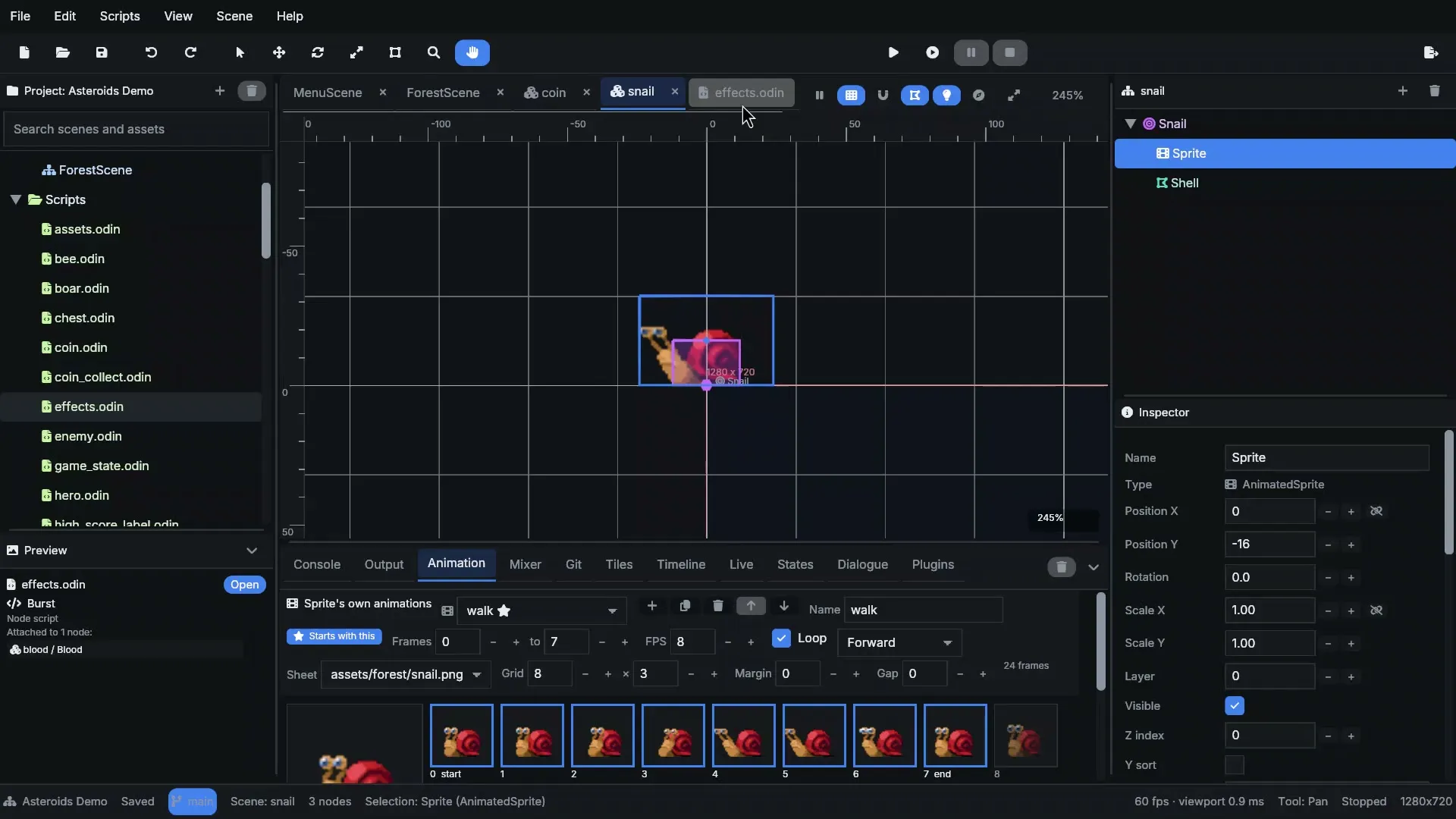 The animation panel editing a snail sprite's walk cycle