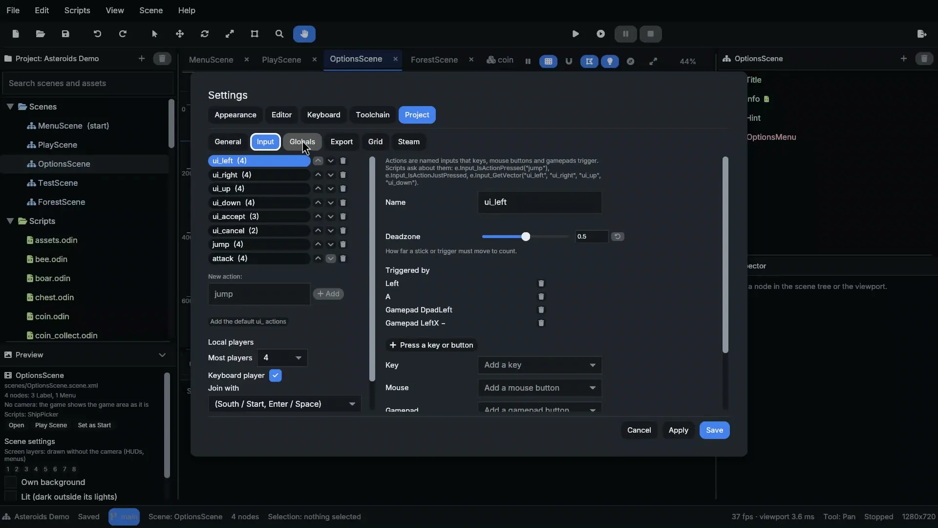 Project Settings listing input actions and their bindings