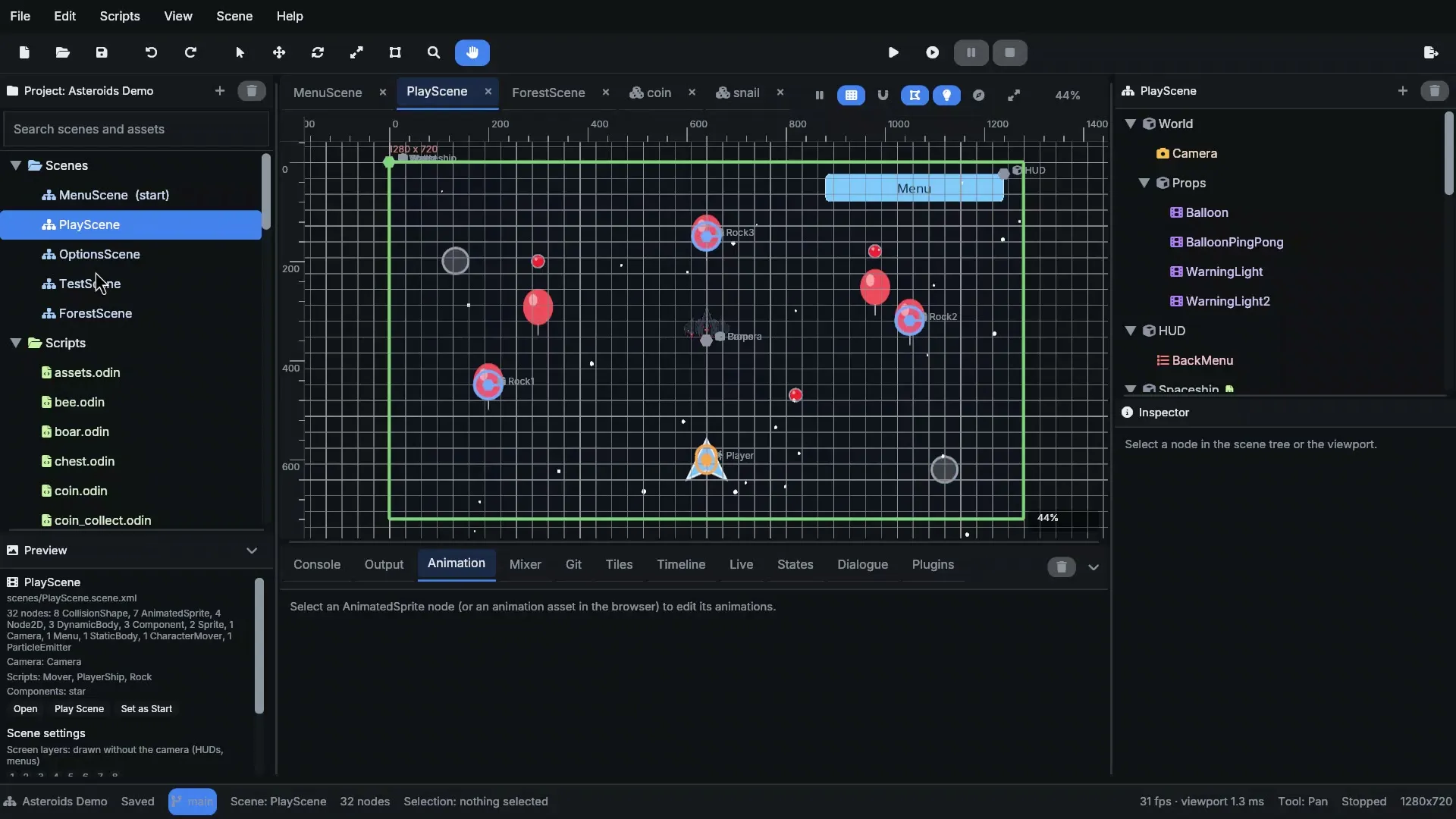 A space shooter scene with physics bodies and sprites
