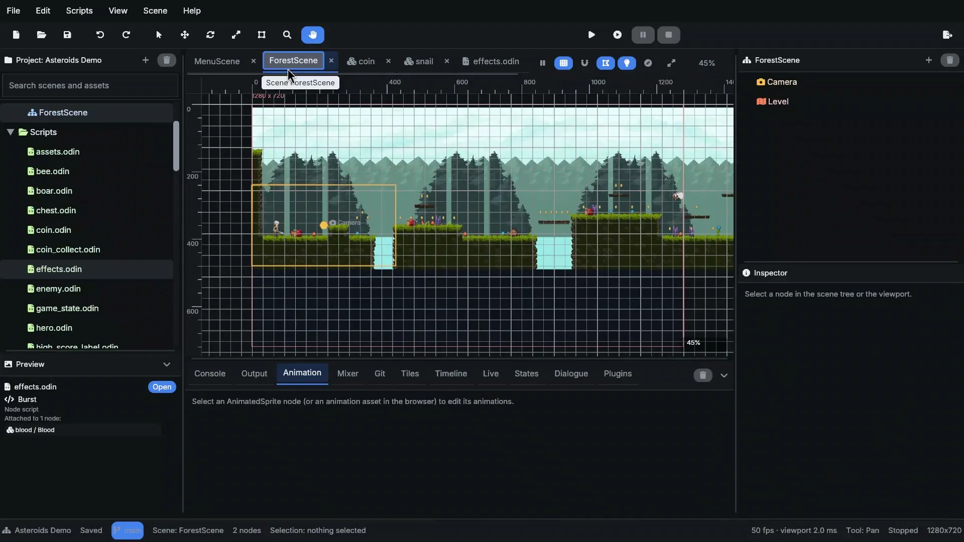 The editor showing a forest platformer level in the viewport